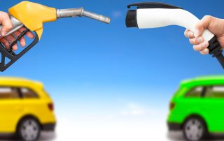 Gas Pump Nozzle and EV charging plug side by side with Gas and Electric vehicle side by side - Gas vs Electric Cars concept image