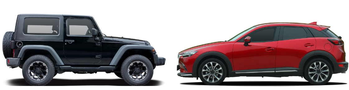 An SUV profile on the left and a crossover profile on the right - crossover and SUV differences concept image